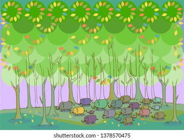 Vector image of elephant herd crossing the dense jungle.