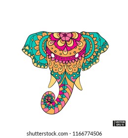 Vector image. The elephant icon is a symbol of India. Colored head elephant in floral patterns.