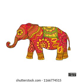 Vector image. The elephant icon is a symbol of India. Colored elephant in floral patterns.