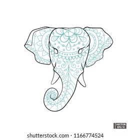 Vector image. The elephant icon is a symbol of India. Doodle head elephant in floral patterns.