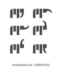 Vector is an image of an elephant. Outline comma M. Comma as elephant trunk in various positions.