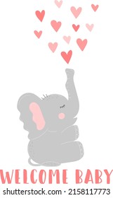 Vector image of an elephant with pink hearts. Illustration for celebrating baby shower, birthday of girl. Invitation and greeting card.