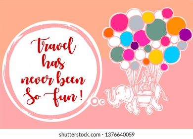Vector image of elephant strapped to helium balloon with happy passengers on its back.