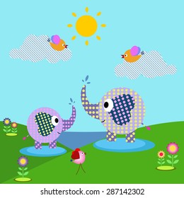 Vector image. Elephants in the meadow near the water