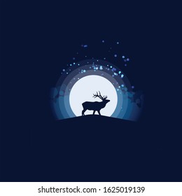 Vector image of an elk silhouette with moon background.