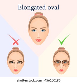 Vector image for elongated oval type face with a suitable and unsuitable glasses