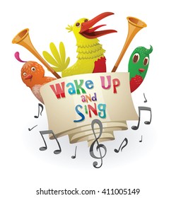 Vector image of the emblem with a banner, trumpets, notes and with a cartoon image of funny fantasy beautiful tropical bright orange, yellow, green birds on white background. Banner "Wake up and sing"