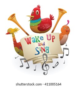 Vector image of the emblem with a banner, trumpets, notes and with cartoon image of funny fantasy beautiful tropical bright yellow, red, orange birds on a white background. Banner "Wake up and sing".