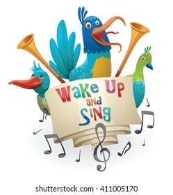 Vector image of the emblem with banner, trumpets, notes and with cartoon image of funny fantasy beautiful tropical bright blue, blue-yellow, green birds on white background. Banner "Wake up and sing"