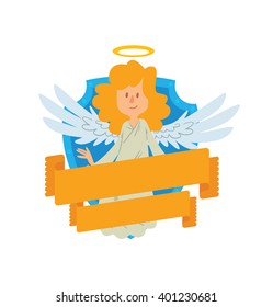 Vector image of emblem in the form of a blue shield and yellow banner. Emblem with cartoon little female angel with blond hair. Angel in white chasuble, with gold halo over head. Emblem with angel.