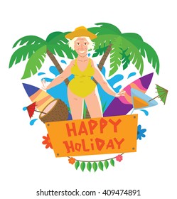 Vector Image Of Emblem With Green Palms, Cocktails, Banner And With Cartoon Image Of Old Woman On The Beach With Gray Hair In Yellow Swimsuit, Panama Hat In The Center On A White Background. Vacation.