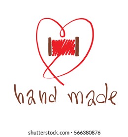 Vector image of the emblem of handmade in the form of a heart symbol from the red thread on a white background. Needlework, craft. Inscription "Hand Made". Vector illustration.