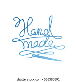 Vector image of the emblem of handmade in the form of inscription "Handmade" from a blue thread and needle on a white background. Needlework, craft. Vector illustration.