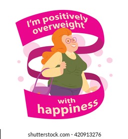 Vector image of the emblem with pink banners and with cartoon image of happy overweight woman with long red hair smiling on a white background. Inscription "I'm positively overweight with happiness".