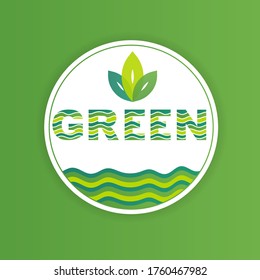 Imagen vectorial del emblema, sello, placa, icono con la inscripción VERDE con un patrón de líneas onduladas y hojas verdes. Plantilla de logotipo en un fondo verde, identidad para el negocio.