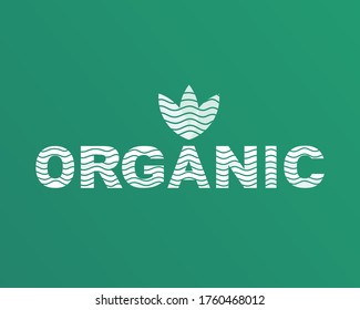 Vector image of the emblem, stamp, badge, icon with the inscription ORGANIC with a pattern of wavy lines and leaves. Logo template on a GREEN background, identity for business.