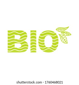 Imagen vectorial del emblema, sello, placa, icono con la inscripción BIO con un patrón de líneas onduladas y hojas verdes. Plantilla de logotipo en un fondo blanco, identidad para el negocio.