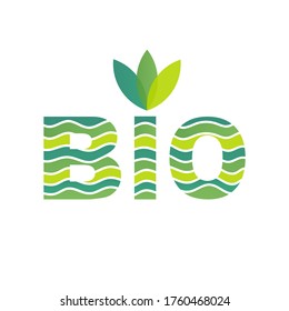 Vector image of the emblem, stamp, badge, icon with the inscription BIO with a pattern of wavy lines and green leaves. Logo template on a white background, identity for business.