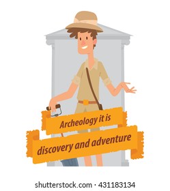 Vector image of emblem with a yellow banner and with cartoon image of an archaeologist young man with a shovel in hand on a white background. Inscription "Archeology it is discovery and adventure".