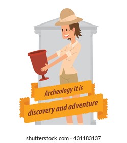 Vector image of emblem with a yellow banner and with cartoon image of an archaeologist woman with a vase in her hands on a white background. Inscription "Archeology it is discovery and adventure".