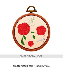 Vector image. Embroidery hoop and needle with thread, red flowers and green leaves. Drawing for training and play.