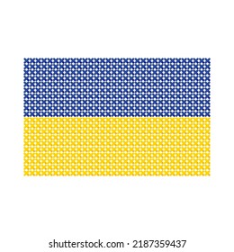 Vector image of embroidery style yellow and blue Ukrainian flag. Cross-stitched flag of Ukraine illustration on white background. 