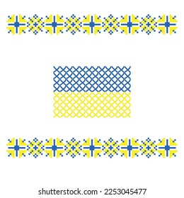 Imagen vectorial de la bandera ucraniana amarilla y azul de estilo bordado. Bandera cruzada de la ilustración de Ucrania sobre fondo blanco.