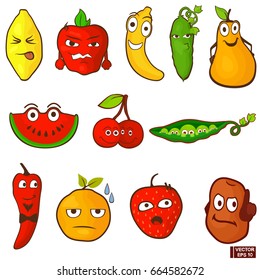 Vector image. Emoticons food set. Emoji fruits and vegetables flat cartoon style.