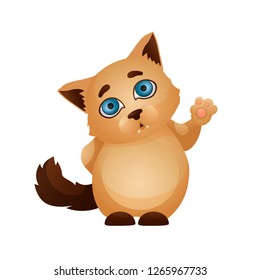 Vector image. Emotion icon. Cartoon character home pet. Cat waving paw.