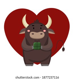 
Vector image of an enamored bull on a background of a heart holding a gift. Mockup for a postcard.