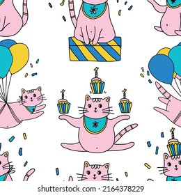 vector image of an endless pattern bright funny fat kittens with a cupcake on a white background. holiday pattern with canfeti and cute pink cats. textile, printing, gift
