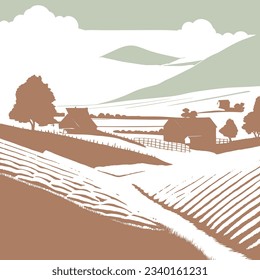 vector image engraving style. landscape crop fields and village in the background. hand drawn