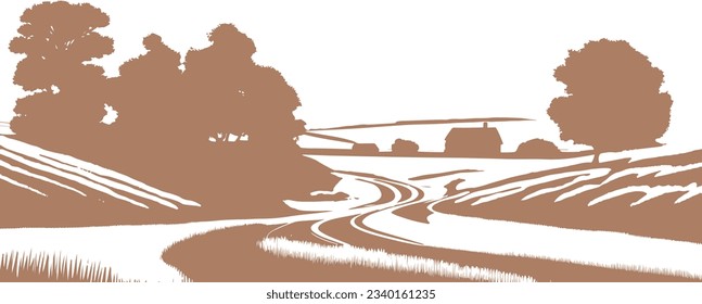 estilo de grabado de imágenes vectoriales. paisaje rural. ilustración de mano