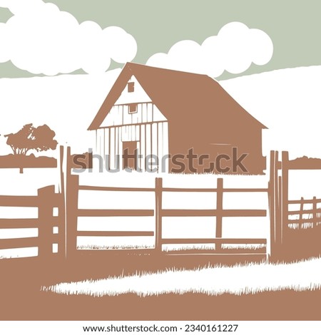 vector image engraving style. vintage old dilapidated barn and fence in the foreground. hand drawn