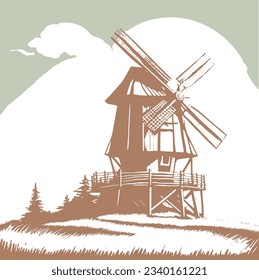 Vektorbild-Gravierungsstil. Windmühle. handgezeichnete Illustration