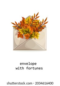 Vector image of an envelope with an autumn bouquet of foliage isolated on a white background with a thematic inscription in the form of a postcard. Concept. Cartoon style. EPS 10