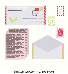 Vector image of envelopes, letters and postage stamps made in delicate pink colors on a white background.