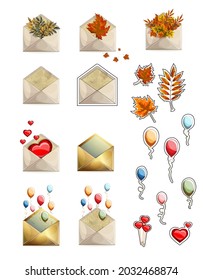 Vector image of envelopes and objects symbolizing the autumn holiday and stickers. Cartoon style. EPS 10