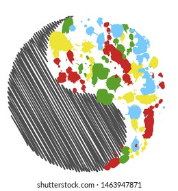 Vector image of the equilibrium sign of yin yang. Pencil and paints. Design for marketing and websites.