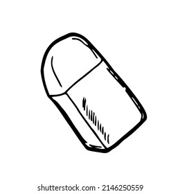 Vector image of an eraser for erasing a pencil. Black outline, doodle. Logo. School supplies for drawing.