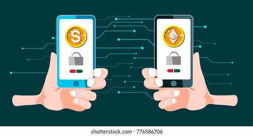 Vector image of Ethereum crypto currency, translated into Dollar, on mobile phone, in hand. Blockchain.