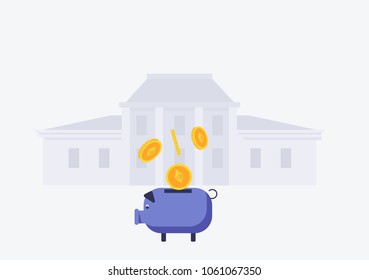 Vector image of etherium falling into the piggy bank. wiyh bank building on background Flat style vector illustration