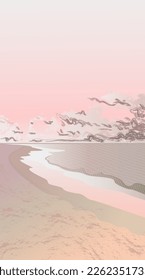 Vector image, evening beach with calm pink water