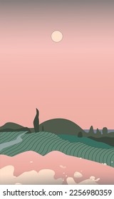 Vector image, evening Provencal landscape with a field and trees