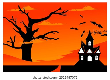 
vector image of an evening sky background, with a tree and a haunted house, complete with bats on top, suitable for backgrounds, wall decorations, covers, banners.