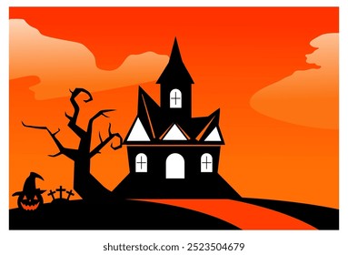 
imagem vetorial do fundo do céu da noite, tema de Halloween, casa assombrada, completo com árvore, sepultura e emoji de abóbora, adequado para o fundo, decoração de parede, capa, banner.