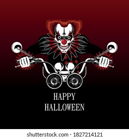 Vector image of an evil clown driving a motorcycle. Happy Halloween.