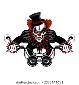 Vector image of an evil clown driving a motorcycle. Happy Halloween.