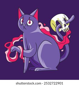 Vector image of an evil magical cat with yellow eyes, on a dark background. Suitable for posters and banners and product packaging.