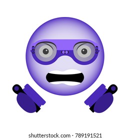 Vector image of an evil smiley in virtual reality glasses with a new generation of controllers in hand in the ultraviolet color. Isolated vector on a white background.